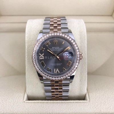 ROLEX Date Just 36 mm Steel & Rose Gold 126281RBR Jubilee Dark Rhodium VI & IX Diamond Dial