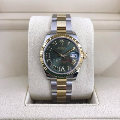 ROLEX Date Just 31 mm Steel & Yellow Gold 278273 Oyster Green Roman VI Diamond Dial